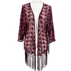 Burgundy Floral Embroidered Mesh Fringe Kimono Wrap Sheer Boho S/M